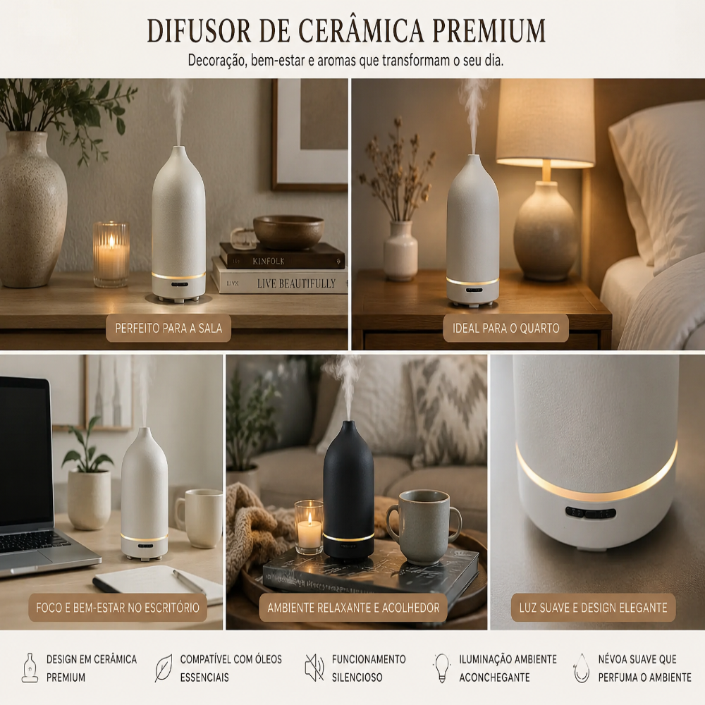 Difusor de Cerâmica Premium Elegance™ – Transforme Sua Casa Num Ambiente Relaxante e Sofisticado